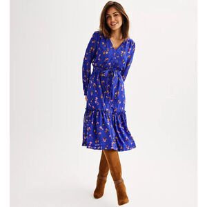 Draper James RSVP Tie Waist Midi Dress Womens XS Blue Floral Long Sleeves